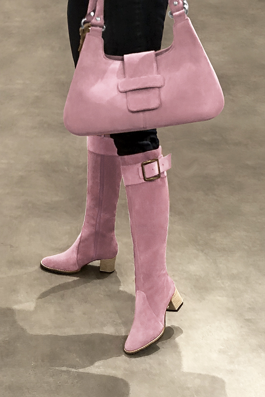 Carnation pink women's riding knee-high boots. Round toe. Medium block heels. Made to measure. Worn view - Florence KOOIJMAN